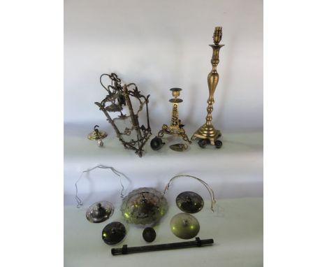 A selection of lighting to include a ceiling hanging brass five sided lantern to accommodate glazed panels with ormolu type f
