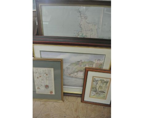 A collection of pictures and prints relating to topography including an 18th century road map showing the route between Ciren