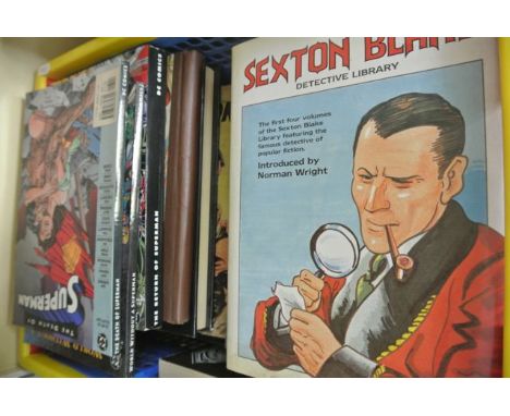 A collection of re-print copies of Dan Dare Pilot of the Future, 18 volumes, further copies of Superman, Sexton Blake, Dick B