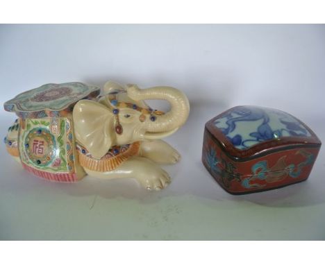 An oriental lacquer ware lidded container of rectangular form with hand painted chinoiserie type detail, the lid incorporatin