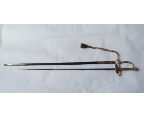 A court sword with cast brass mounts and leather scabbard, the Wilkinson blade with ER II cypher