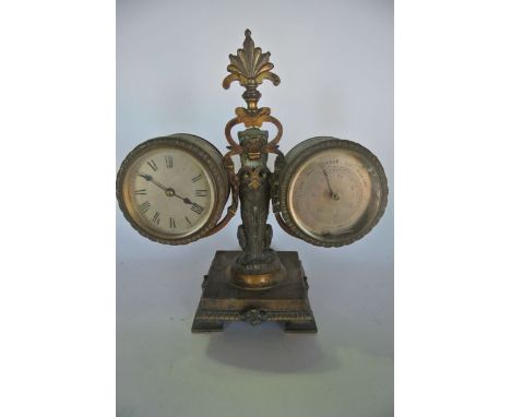 A good quality mid-19th century clock and companion barometer set within cylindrical cases with embossed detail, separated by