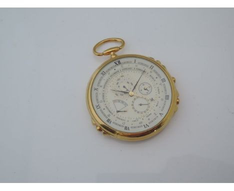 A gold-plated chronograph pocket watch, Citizen, quartz, centred with four subsidiary dials for year, day, date and hours, ou