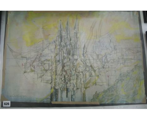 An unframed gouache study of an abstract cityscape, signed bottom left Leslie Hurry and dated 1963, 39 x 58 cm 