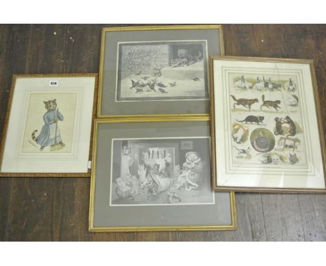 A collection of works relating to Louis Wain and including two black and white prints of cats watching birds and kittens with