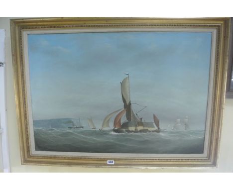 An oil painting on canvas in the 19th century manner showing a marine scene with sailing vessels, steam ship, etc, signed Rbt