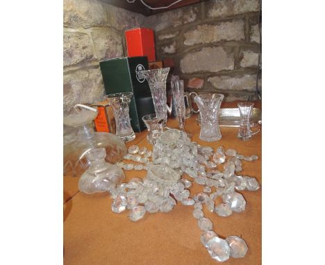 A clear cut glass hanging ceiling bag light with spherical cut droplets, a selection of boxed cut crystal and glass vases to 