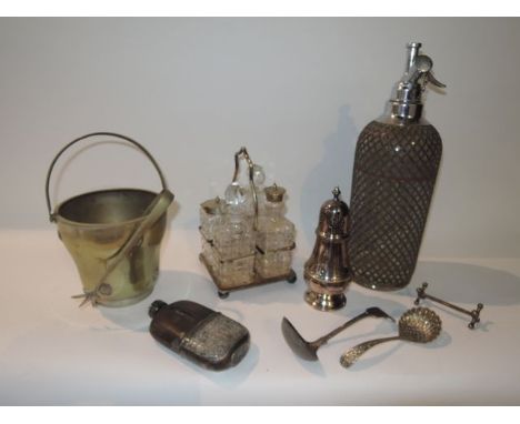 A heavy vintage glass soda syphon with plated mount stamped Sparklets Makers, London, with further latticework cover, a silve