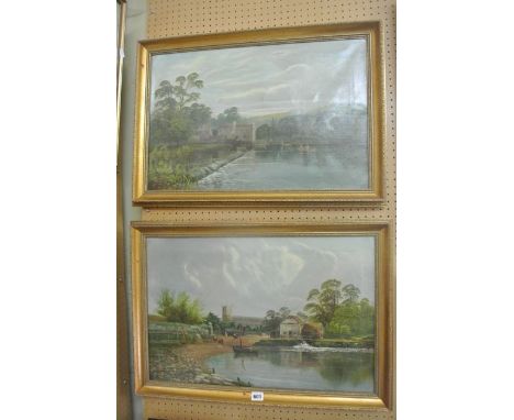 A pair of late 19th century oil paintings on canvas of Thames river scenes, one with weir and figure in punt and rowing boat,