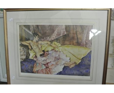 A limited edition coloured print after Sir William Russell Flint, reclining nude 3 showing a female model in flounced skirt, 