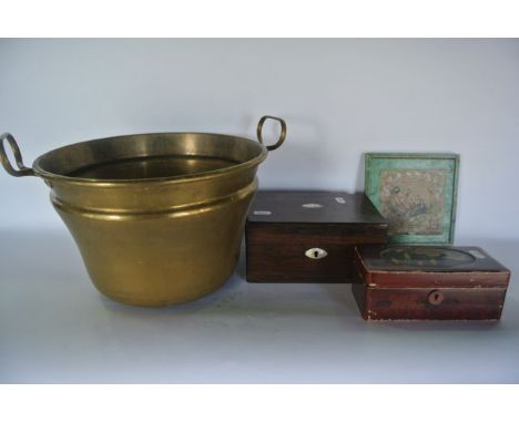 A 19th century brass pan with applied looping handles containing a small Victorian rosewood veneered jewellery box with segme