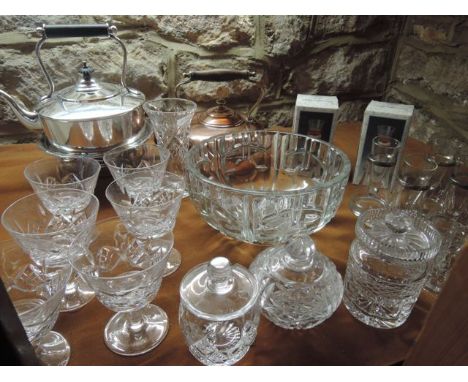 A set of six Stuart Crystal drinking glasses with cross and other cut decoration, a good quality silver plated kettle with as