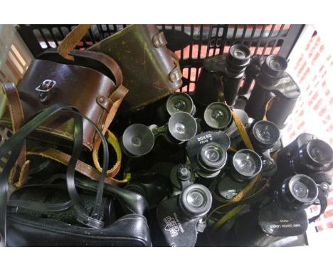 A box containing ten vintage pairs of binoculars, models to include Frank-Nipole, Hans Weiss Optik, Tronic, Pristic together 