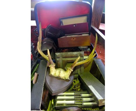 A miscellaneous collection to include a vintage Brexton picnic set, a taxidermy pair of stag antlers set upon an oak shaped p