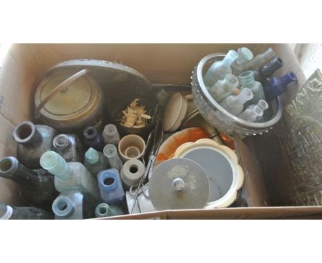 A substantial miscellaneous collection to include a vintage cased Brexton picnic set, a quantity of vintage glass bottles, an