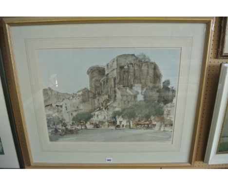 A signed coloured print after Sir William Russell Flint showing a continental town square with classical buildings, figures, 