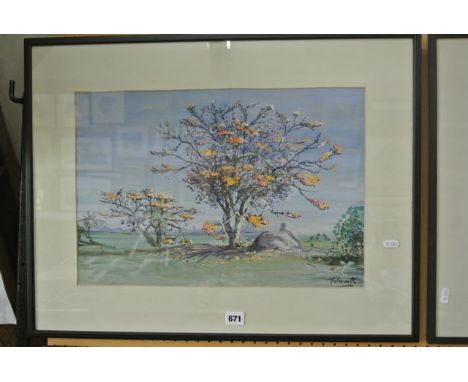 A pair of gouache studies of Indian landscapes with blossom trees, female figures carrying water from a lake, etc, signed Yal