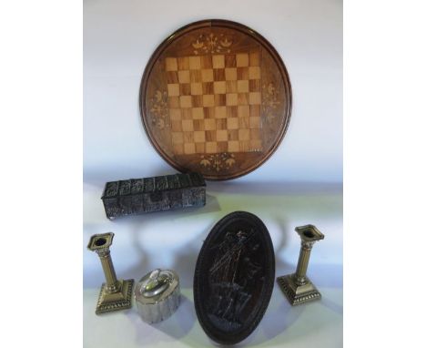 A small miscellaneous collection to include an antique walnut games table top with veneered chess/draughts  board detail with