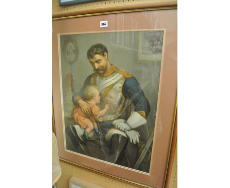 A late Victorian coloured print showing a seated military officer with his child on his knee, the child contemplating his ref