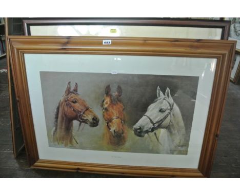 A coloured print after Susan L Crawford showing the racehorses Arkle, Red Rum and Desert Orchid entitled We Three Kings, 50 x