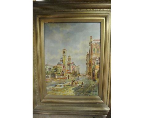 An oil painting on board of a continental town scene, possibly in Venice, with figures besides a canal, signed bottom left P 