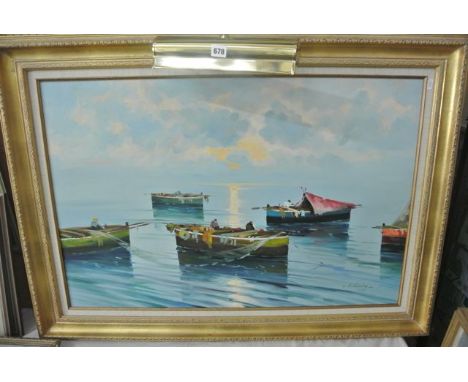 An oil painting on canvas of a coastal landscape at sunset with moored fishing boats, signed bottom right A Homing, 60 x 90 c