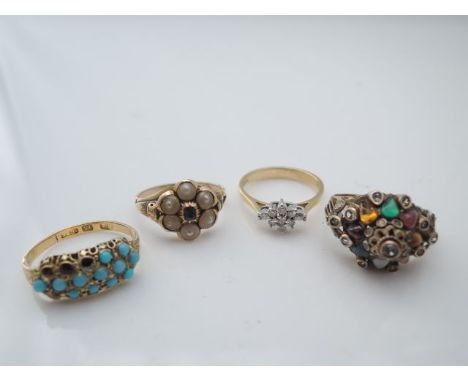 A Victorian turquoise ring, the central cluster lacking some stones, in 15ct gold, 2g, size M; a Georgian style ring, centred