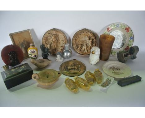 A box containing a miscellaneous collection to include a small framed sketch of a seated monkey holding a hairbrush and facin