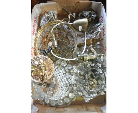 A brass mounted four tier ceiling hanging bag light with hanging circular cut glass droplets together with a further similar 