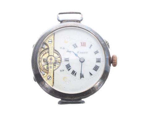 Silver 8 days swing lug gentleman's wristwatch, import hallmarks London 1913, the dial with Roman numerals and visible balanc
