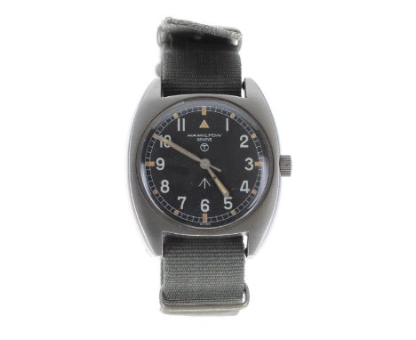 Hamilton British Military Army issue stainless steel wristwatch, circa 1975, black dial with Military arrow, circled T indica