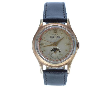 Oska triple calendar moon phase gold plated and stainless steel gentleman's wristwatch, case no. 19202, silvered dial with gi
