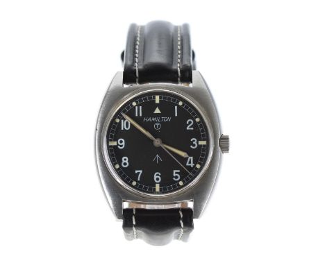 Hamilton British Army issue stainless steel wristwatch, circa 1973, black dial with Military arrow, circled T indicating the 