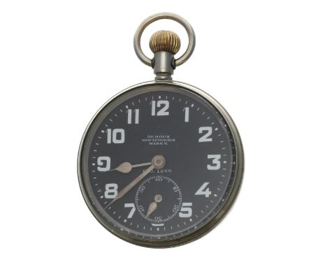 Zenith R.F.C 30 hour Non-Luminous Mark V nickel cased lever pocket watch, black dial with Arabic numerals, minute markers and