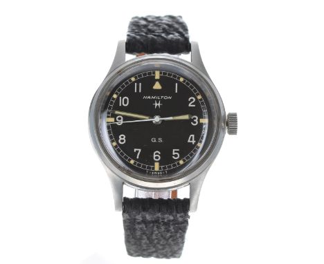 Hamilton British General Service Tropicalized Military stainless steel wristwatch, ref. 75003-3, circular black dial marked '