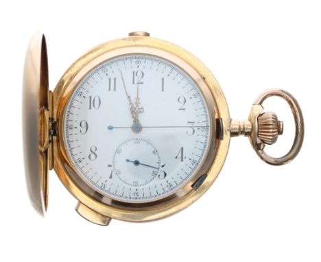 Good Swiss 18ct minute repeating chronograph hunter pocket watch, unsigned lever movement beneath a glazed cover, with compen