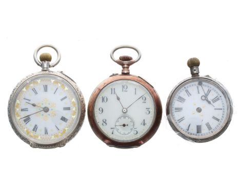 Two silver (0.800 and 0.935) cylinder engraved fob watches; together with a silver (0.800) lever engine turned fob watch (3)-