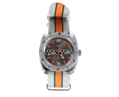 Timex 'Rally' base metal and stainless steel gentleman's wristwatch, grey dial with centre chequered strip, Arabic twelve and