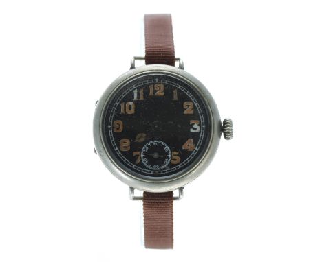 Swiss Military type nickel cased wire-lug gentleman's wristwatch, black dial with Arabic numerals, minute track and subsidiar