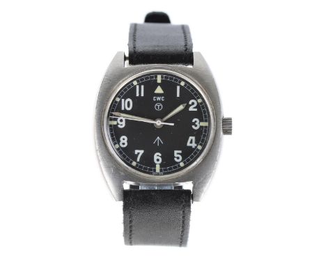 CWC British Military Army issue stainless steel wristwatch, circa 1979, black dial with Military arrow, circled T indicating 