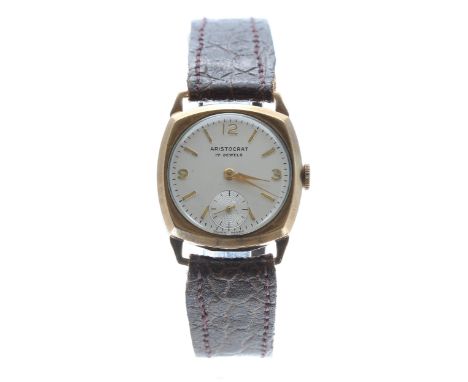 Aristocrat 9ct cushion cased mid-size gentleman's wristwatch, silvered dial with gilt applied 12-3-9 numerals and hour marker