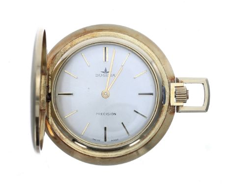 Dugena Precision 14ct dress hunter pocket watch, signed silvered dial with gilt applied baton markers, plain case, 39.8gm, 42