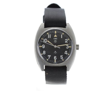 CWC British Military Army issue stainless steel wristwatch, circa 1979, black dial with Military arrow, circled T indicating 