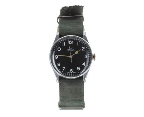 Omega British Military RAF issue pilot's wristwatch, case no. 1054xxxx, circa 1940's, black dial with Arabic numerals, minute