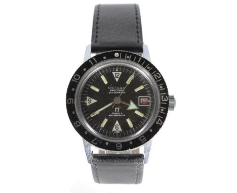 Ostara / Ollech & Wajs stainless steel Diver's wristwatch, black dial with Arabic 6-9-12, luminous markers, minute markers, d