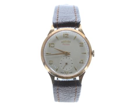 Roamer 9ct gentleman's wristwatch, silvered dial with gilt Arabic numerals and hour markers, minute markers and subsidiary se