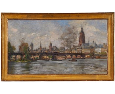 GemäldeKarl Mergell 1870 Sterbfritz - 1944 Frankfurt "Blick über den Main auf Frankfurt mit der Notbrücke" u. re. sign. u. da