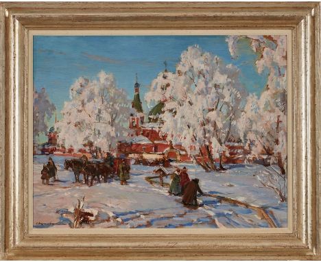 Gemälde wohl Russischer Maler 20. Jh."Am Kloster - Winterlandschaft" u. li. schwer lesbar sign. K. Berg... Öl/Holz.,  55 x 70