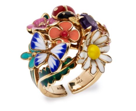 "Diorette"-Ring, Christian Dior.18 kt GG, besetzt m. 1 Brillant v. ca. 0,04 ct, 1 rd. facettierten Amethyst sowie Emaille in 