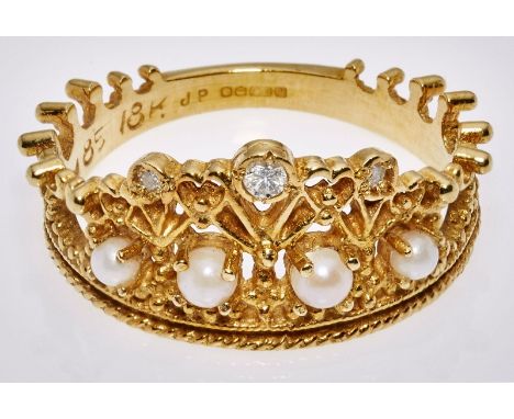 Ring "Princess Diana Tiara", Entwurf StuartDevlin für Franklin Mint, England 1985. 18 kt GG, kronenförmig, besetzt m. 3 kl. B